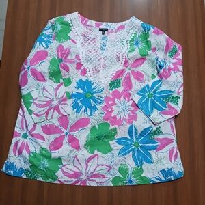 Talbots Top Shirt 2x Lace Bib Tunic-Anguilla Floral